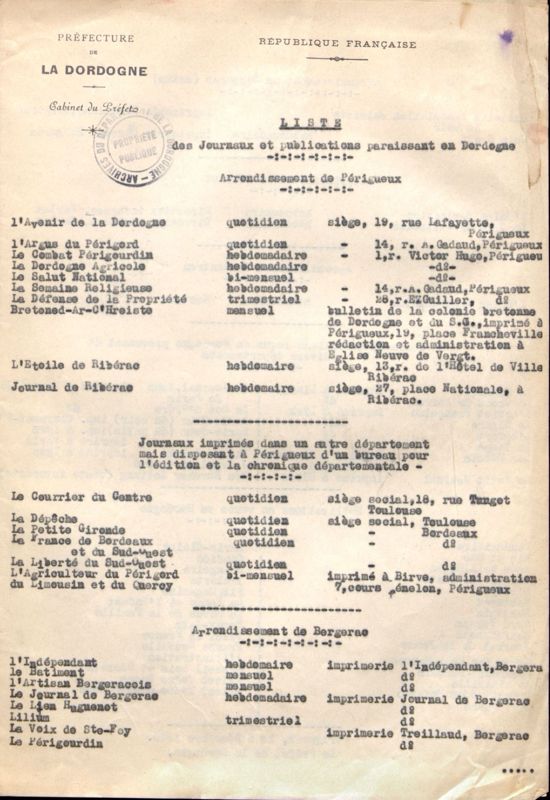 Liste de journaux et publications paraissant en Dordogne, Préfecture de la Dordogne, 5 décembre 1940, 1W83