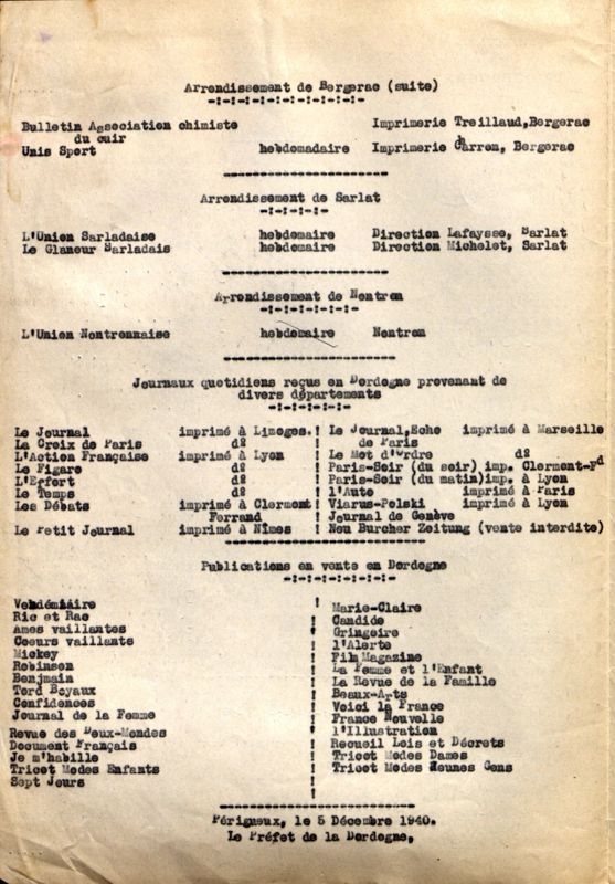 2. 1 w 83 Liste des journaux paraissant en Dordogne décembre 1940