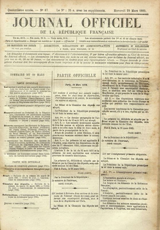 Loi sur l'enseignement primaire obligatoire, Journal officiel de la République française, mercredi 29 mars 1882, 2 K 338