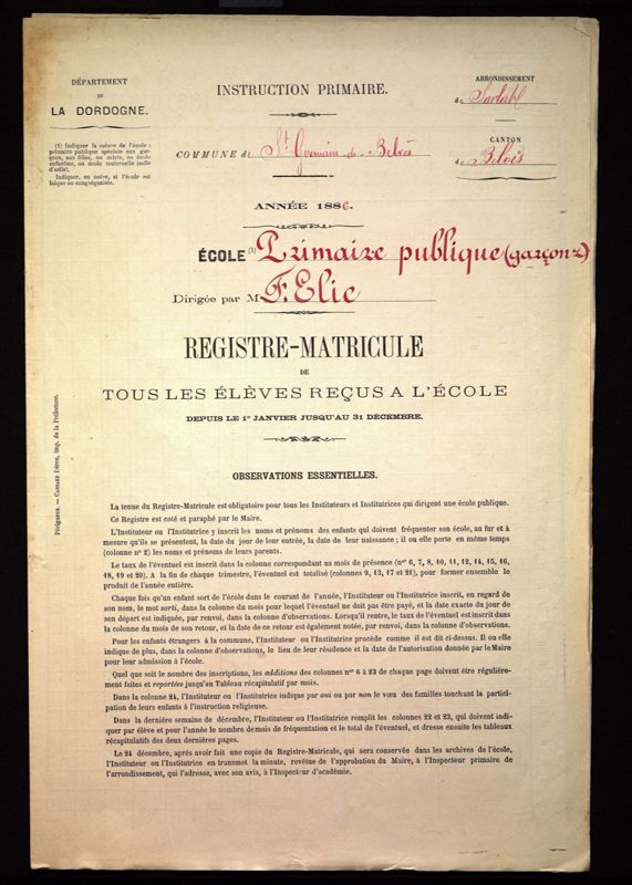 Registre matricule de l'école de garçons de Saint-Germain-de-Belvès, dirigée par F. Elie (1886).