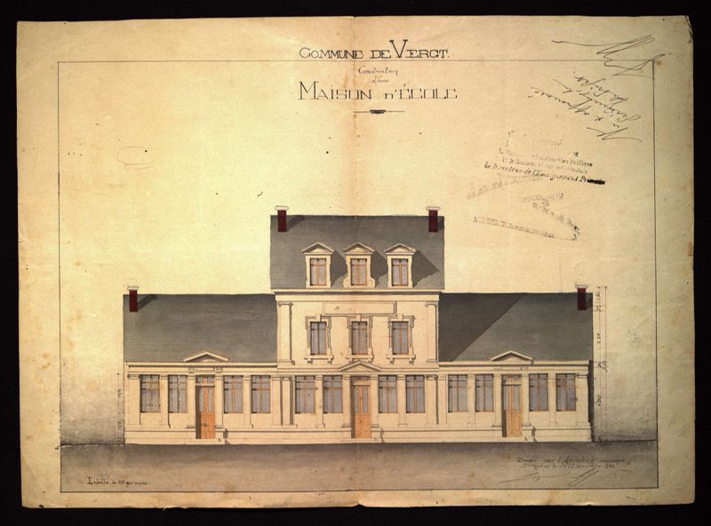 Plan et dessin de la façade, école de Vergt (1881).