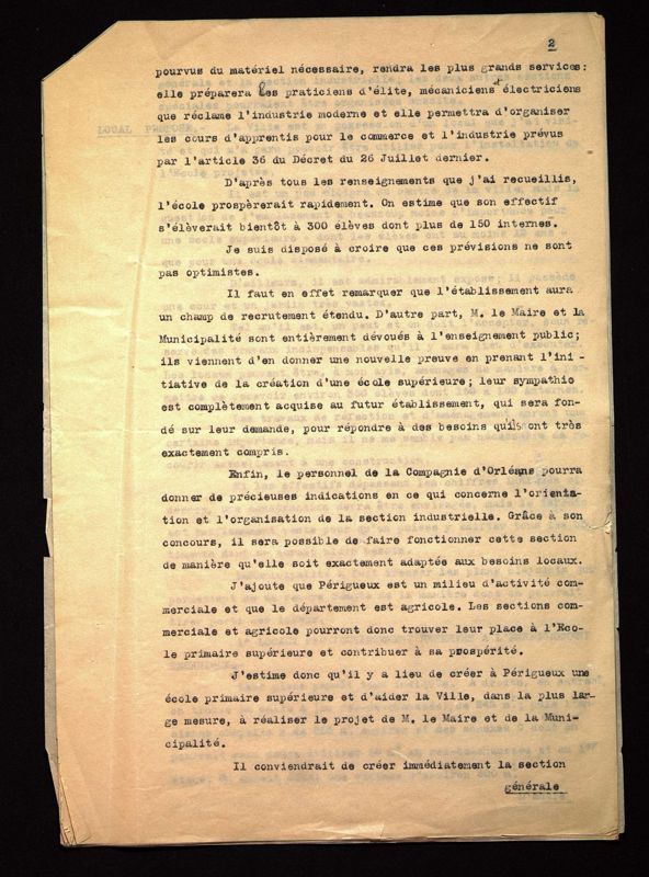 Rapport de l'inspecteur général sur l'intérêt de créer une école primaire supérieure à Périgueux  (2 février 1910).